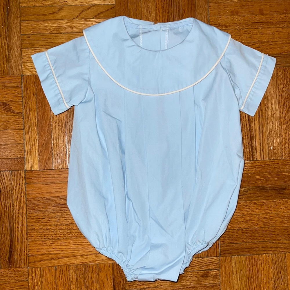 Baby boy bubble blue with wide collar and white piping. Perfect for monogramming